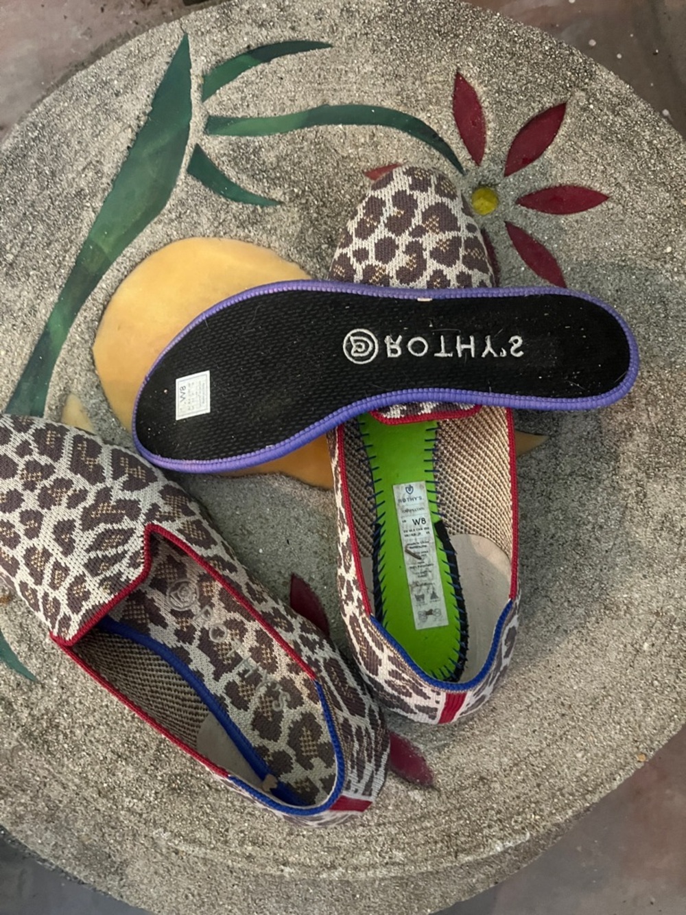 Rothy's Desert Cat Slip-On Flats with Red & Blue Trim - Picture 2 of 8